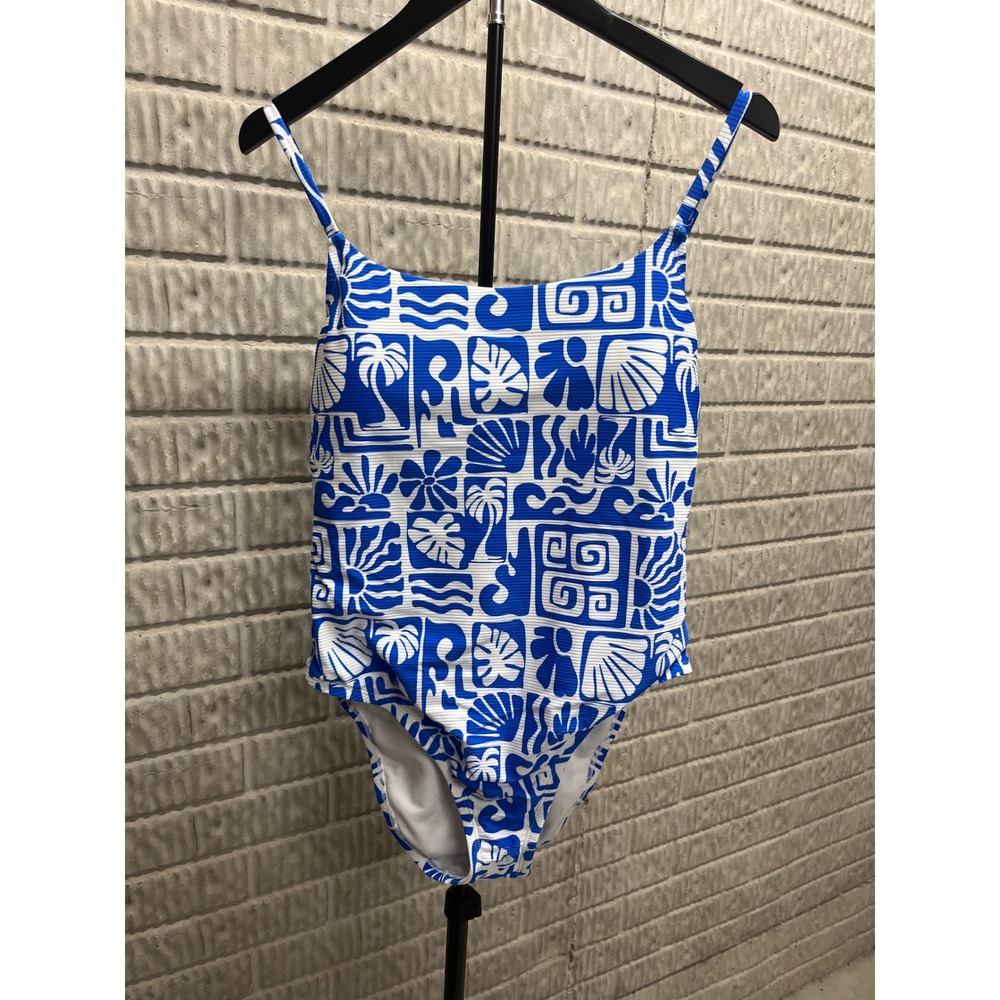 Walmart Cobalt Blue Tropical Geometric Ribbed One Piece Swimsuit Large 12-14 NEW
